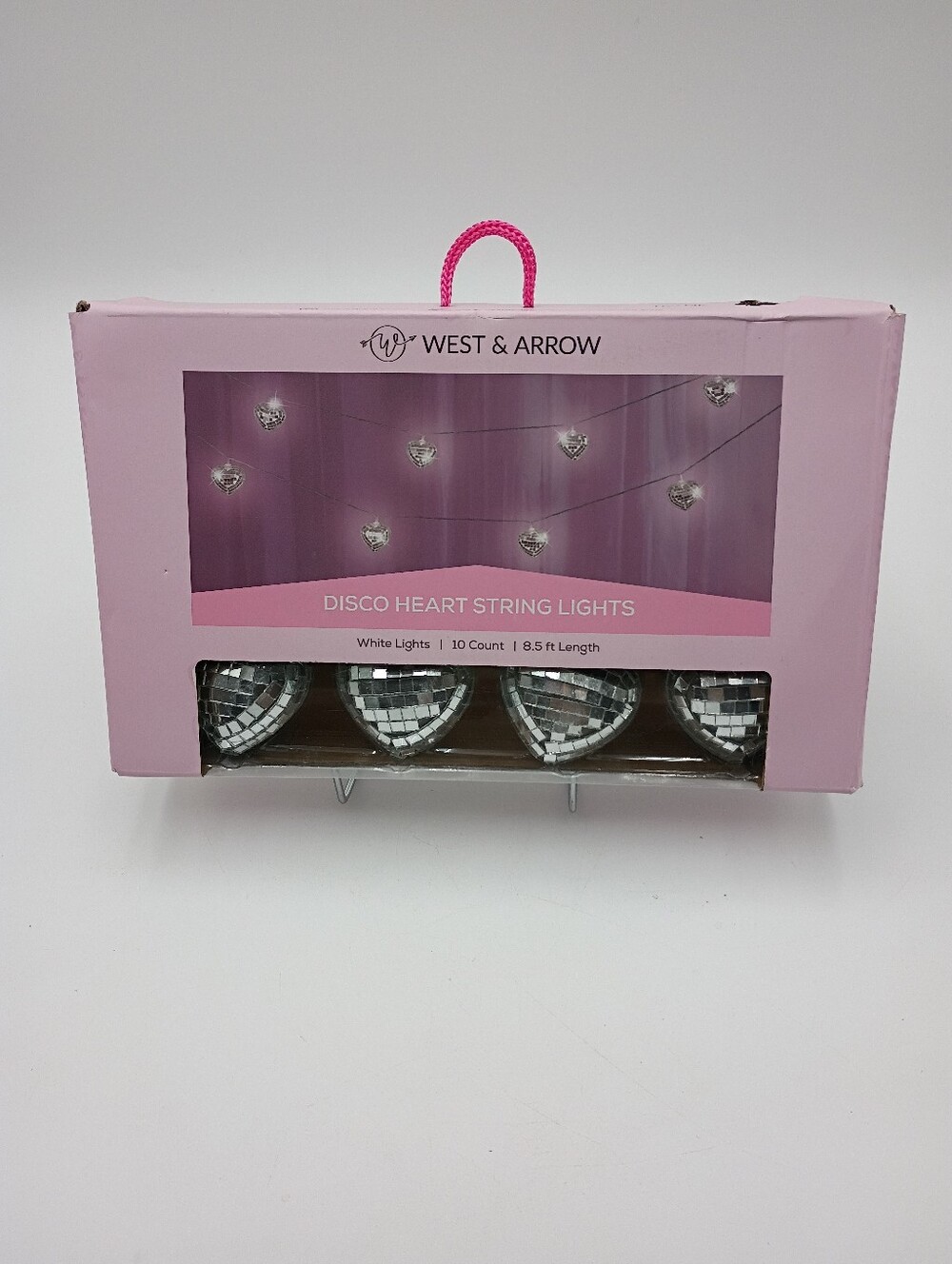 Disco Heart String Lights. White Lights, 10 Count, 8.5 Ft Open Box